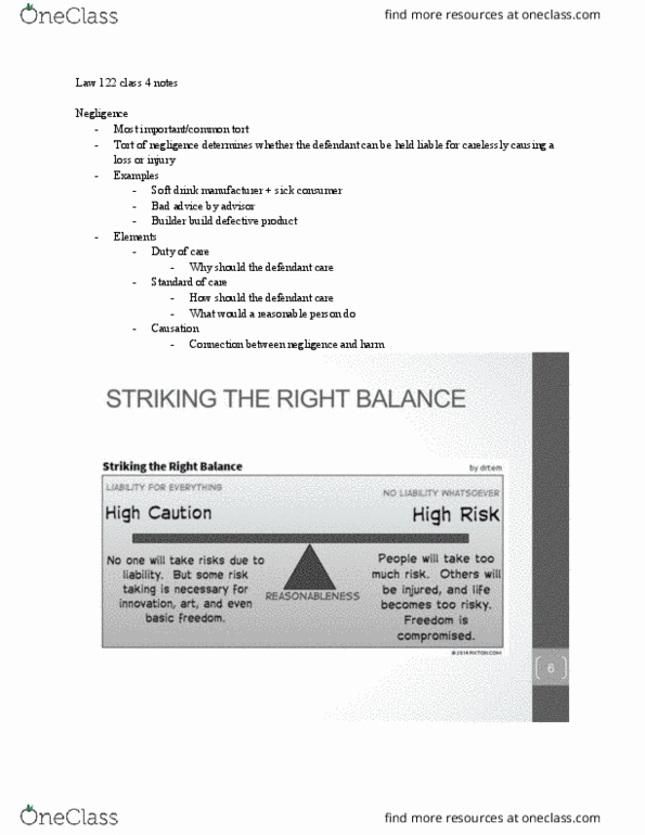 LAW 122 Lecture Notes - Lecture 4: Contributory Negligence, Soft Drink, Legal Tests thumbnail