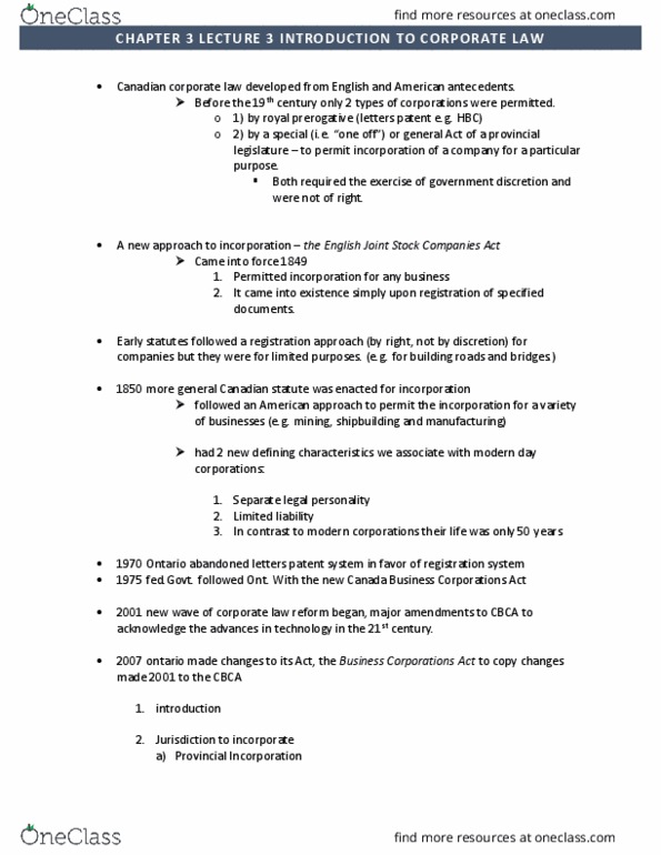 LAWS 3201 Lecture Notes - Lecture 3: Canada Business Corporations Act, Legal Personality, Corporate Law thumbnail