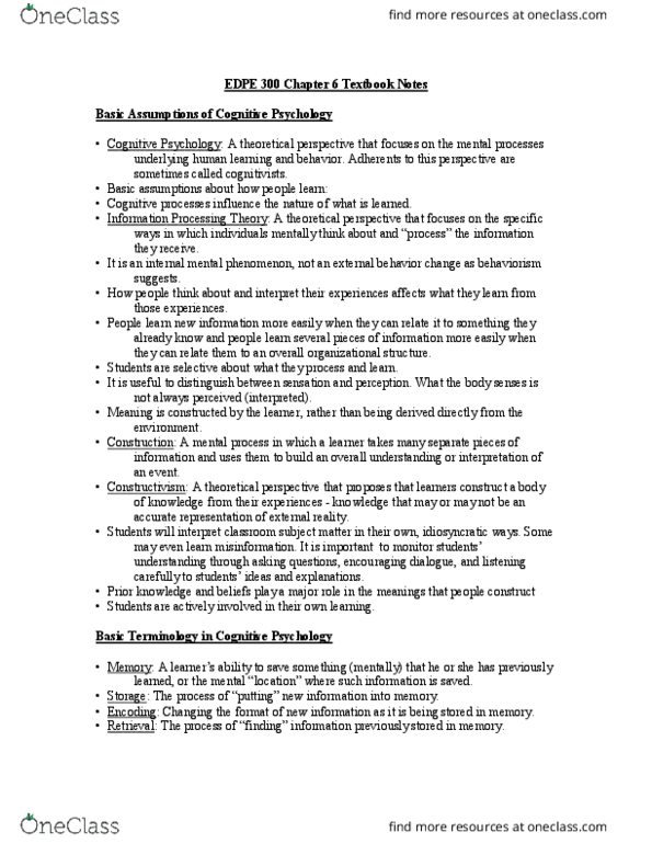 EDPE 300 Chapter Notes - Chapter 6: Mnemonic, Automaticity, Long-Term Memory thumbnail