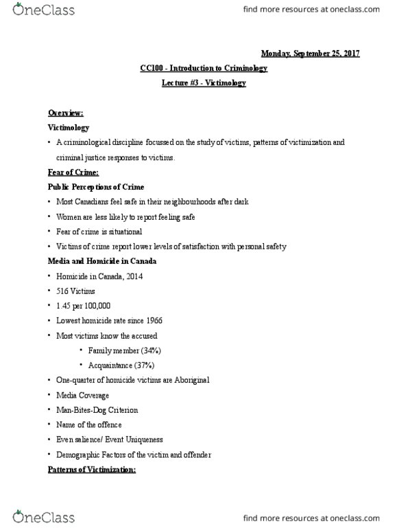 CC100 Lecture Notes - Lecture 3: Political Mutilation In Byzantine Culture, Victimology, Homicide thumbnail
