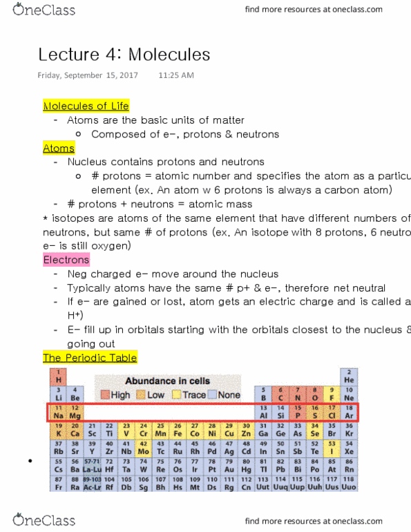 BI110 Lecture Notes - Lecture 4: Covalent Bond, Electronegativity, Atomic Number thumbnail