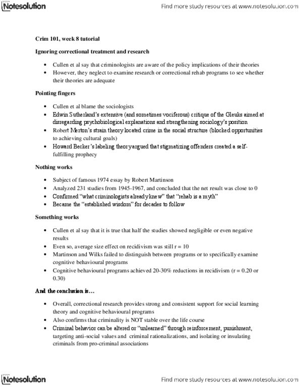 CRIM 101 Lecture Notes - Labeling Theory, Social Learning Theory, Edwin Sutherland thumbnail