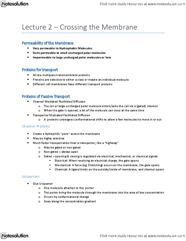 BIO130H1 Lecture Notes - Lecture 2: Uniporter, Chemical Polarity, Conformational Change thumbnail