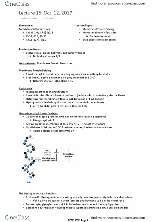 BCH210H1 Lecture Notes - Lecture 16: Cytosol, Beta Barrel, Hydronium thumbnail