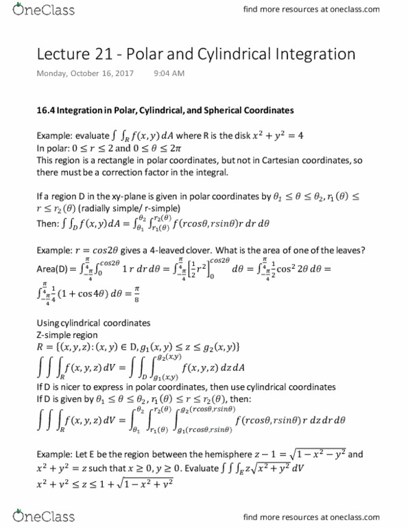 MATH 1920 Lecture Notes - Lecture 21: Cylindrical Coordinate System, Cartesian Coordinate System thumbnail