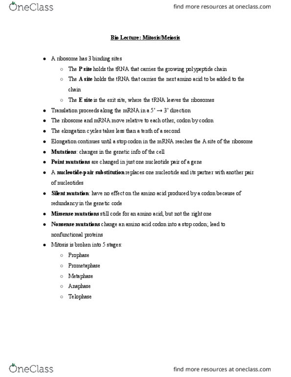 BIO 121 Lecture Notes - Lecture 14: Centromere, Silent Mutation, Cell Plate thumbnail