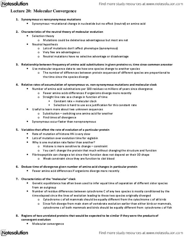 Biology 1002B Lecture Notes - Lecture 20: Histone H4, Molecular Clock, Cytochrome C thumbnail