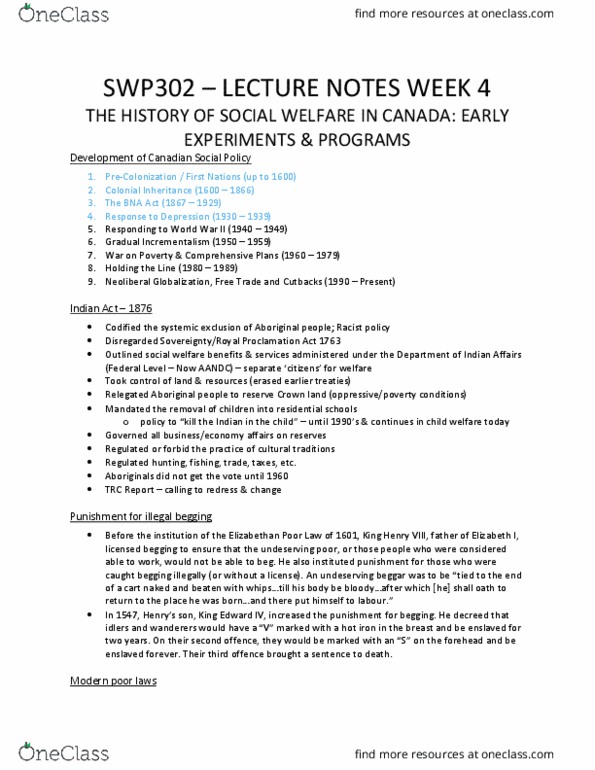 SWP 302 Lecture Notes - Lecture 4: Act For The Relief Of The Poor 1601, Aggressive Panhandling, Indian Act thumbnail