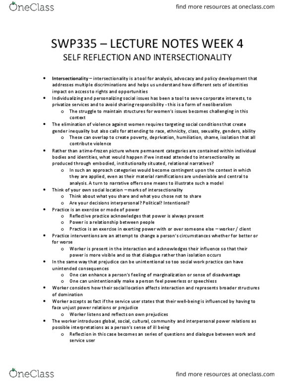 SWP 335 Lecture Notes - Lecture 4: Intersectionality, Neoliberalism, Reflective Practice thumbnail