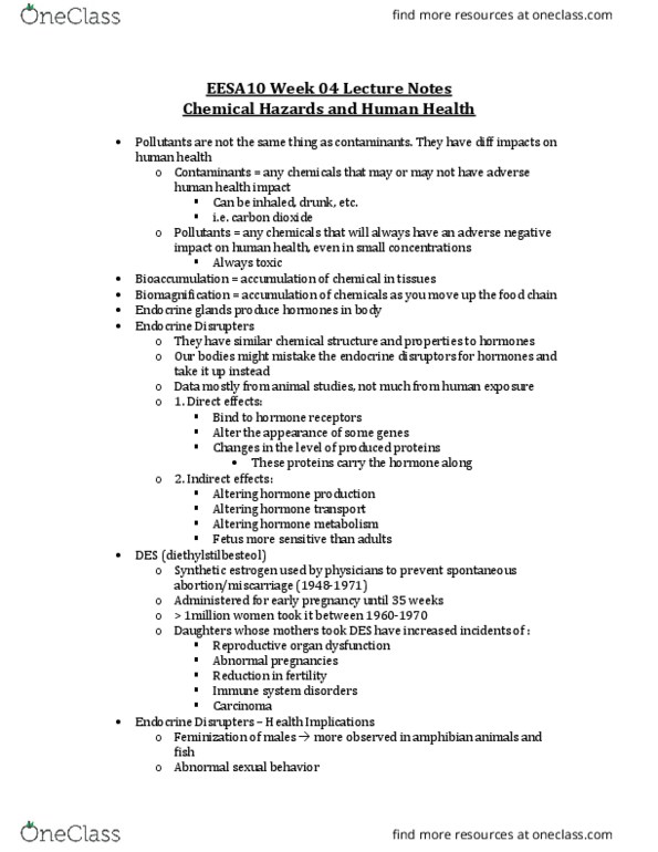 EESA10H3 Lecture Notes - Lecture 4: Endocrine Disruptor, Biomonitoring, Phthalate thumbnail