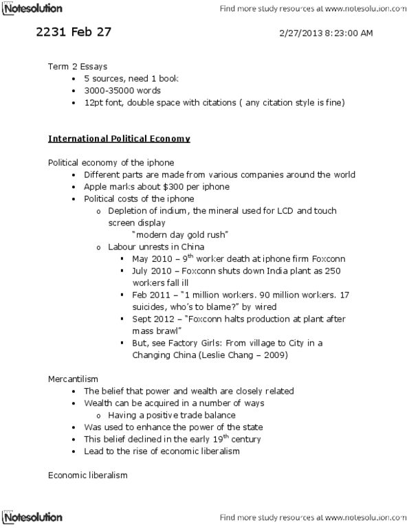 Political Science 2231E Lecture Notes - International Political Economy, Foxconn, Indium thumbnail