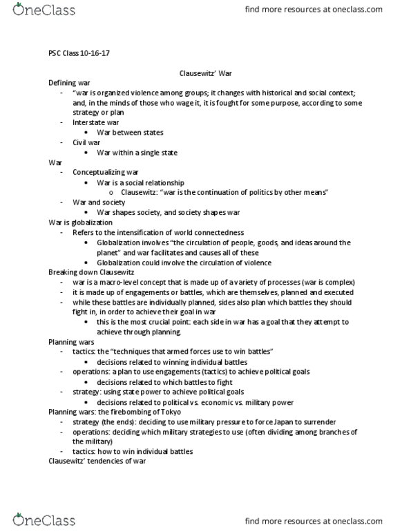 PSC 204 Lecture 12: PSC Class 10-16-17 Clausewitz' War thumbnail