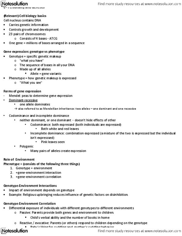 PSYB30H3 Lecture Notes - Gene Expression, Heritability, High High thumbnail