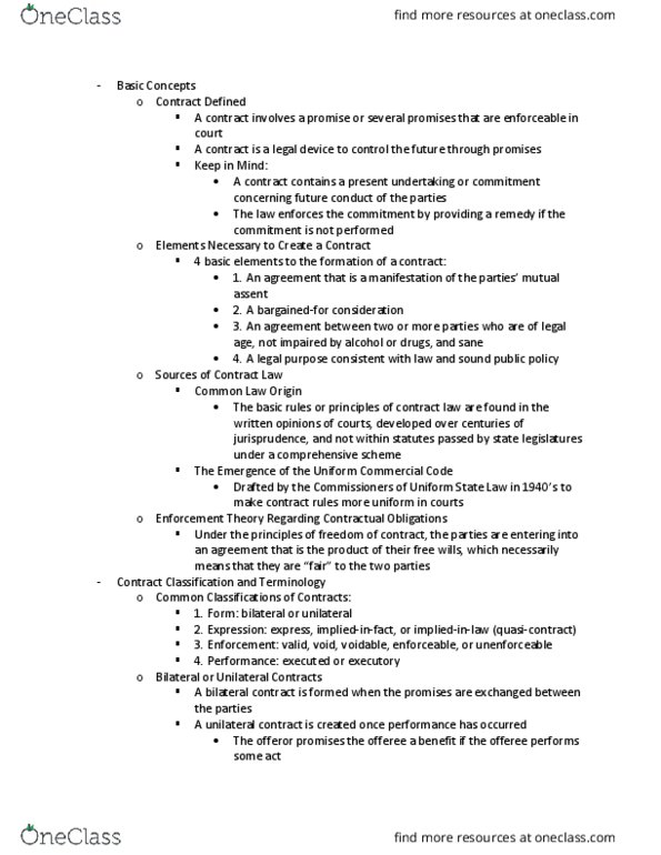 BUL-3310 Chapter Notes - Chapter 13: Executory Contract, Contract, Meeting Of The Minds thumbnail