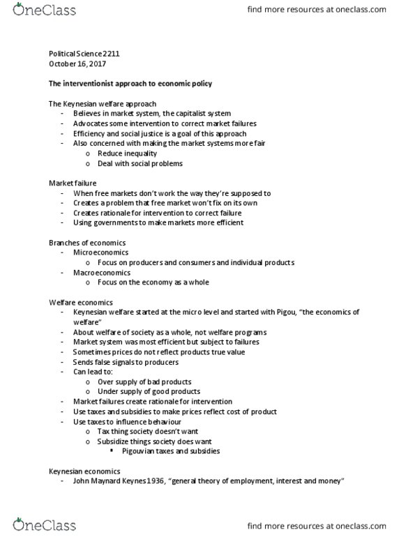 Political Science 2211E Lecture Notes - Lecture 4: John Maynard Keynes, Pigovian Tax, Market Failure thumbnail