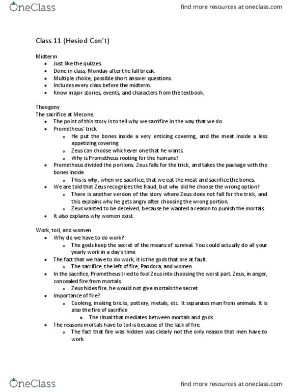 CLCV 2500 Lecture Notes - Lecture 11: Theogony, Multiple Choice, Cronus thumbnail