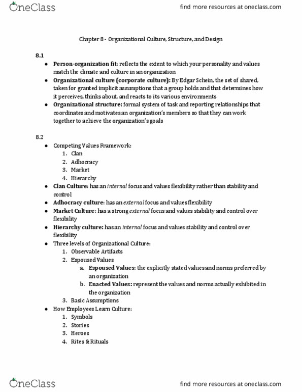 MGT-2010 Lecture Notes - Lecture 8: Adhocracy, Organizational Culture, Edgar Schein thumbnail