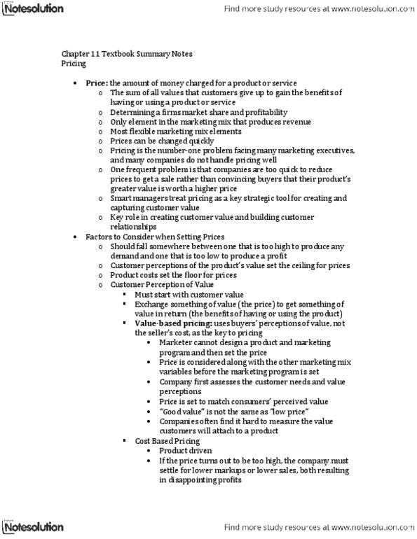 Management and Organizational Studies 2320A/B Chapter Notes - Chapter 11: Demand Curve, Market Power, Marketing Strategy thumbnail