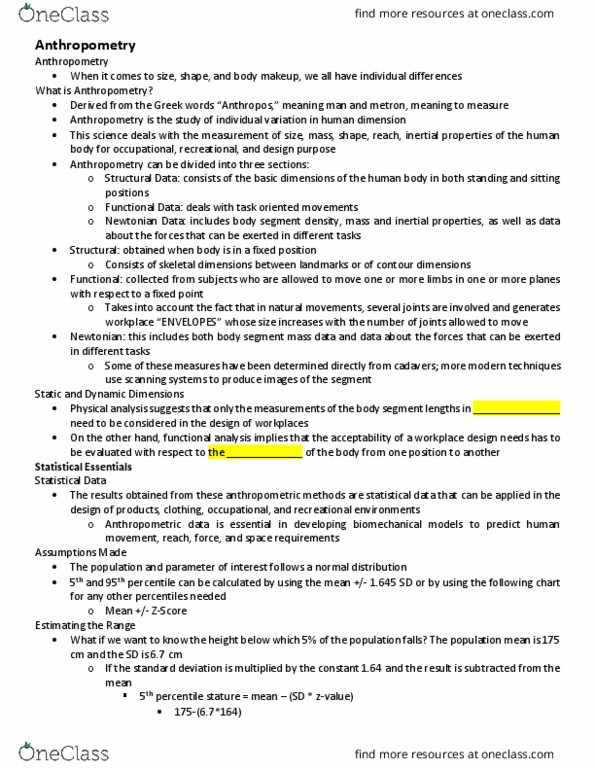 Kinesiology 3550A/B Lecture Notes - Lecture 2: Anthropometry, Percentile, Adam Kadmon thumbnail