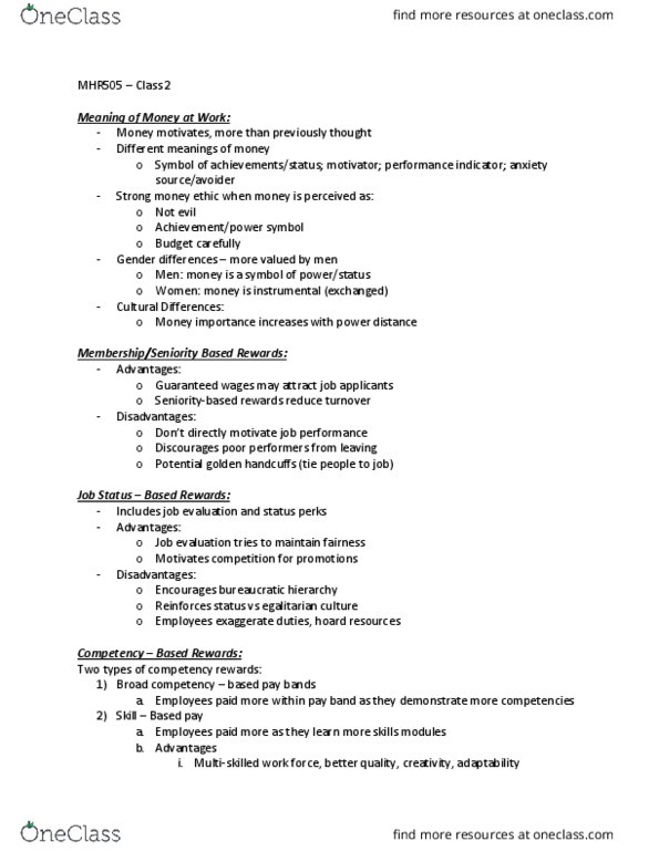 MHR 505 Lecture Notes - Lecture 2: Golden Handcuffs, Job Evaluation, Profit Sharing thumbnail