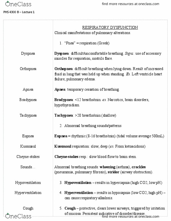 PHS 4300 Lecture Notes - Lecture 1: Pleural Effusion, Breathing, Kussmaul Breathing thumbnail