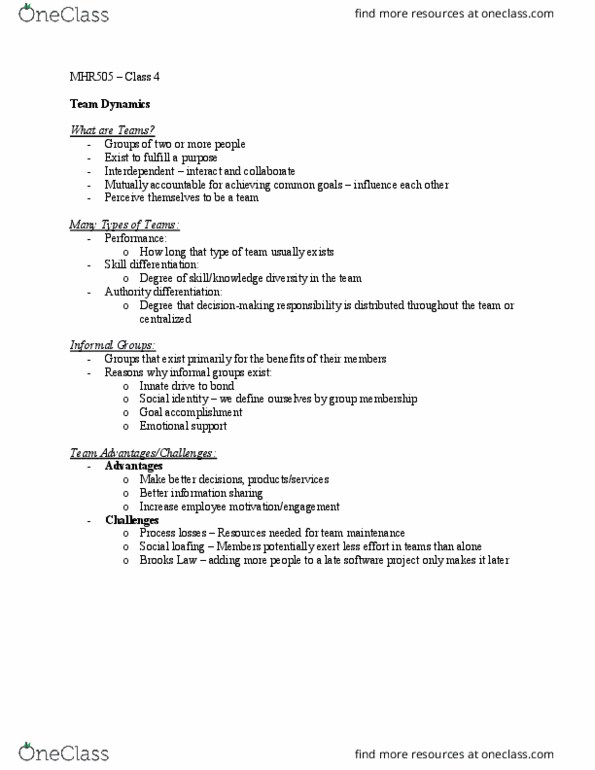 MHR 505 Lecture Notes - Lecture 4: Transactive Memory, Team Dynamics, Social Loafing thumbnail