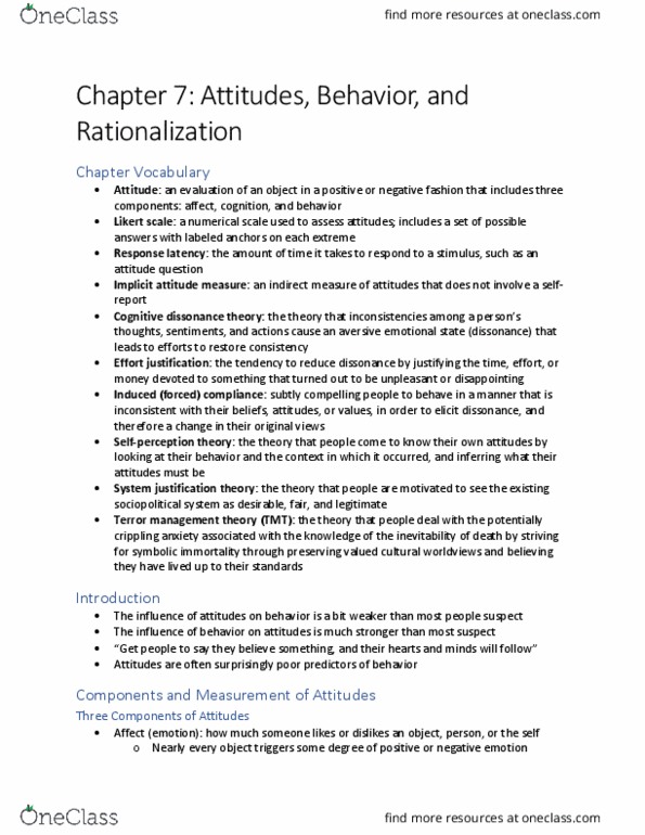 PSY 319K Chapter Notes - Chapter 7: Cognitive Dissonance, Likert Scale, Implicit Attitude thumbnail