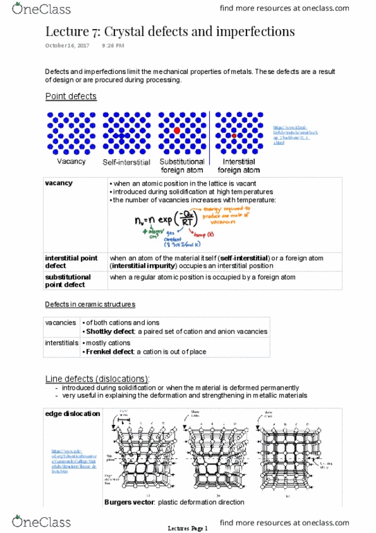 MCG 2360 Lecture Notes - Lecture 7: Frenkel Defect, Crystallographic Defect, Ion thumbnail