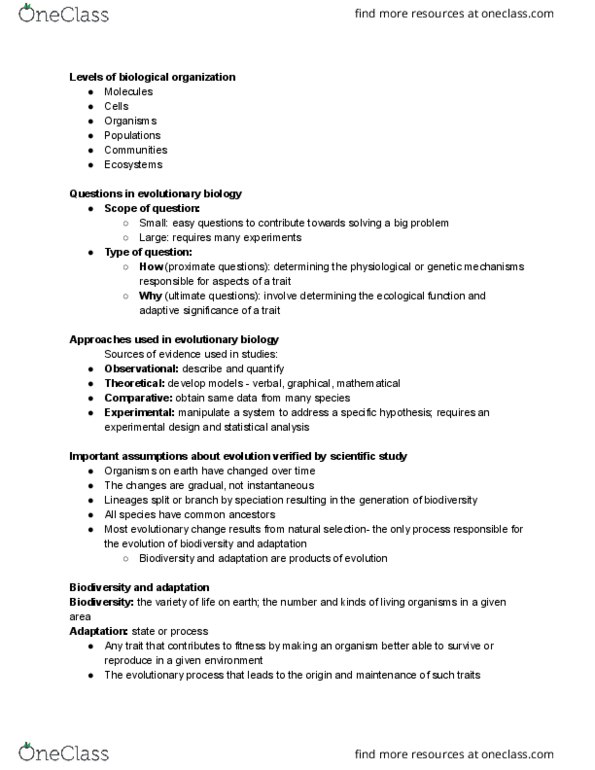 BIO120H1 Lecture Notes - Lecture 1: Theodosius Dobzhansky, Macroevolution, Microevolution thumbnail