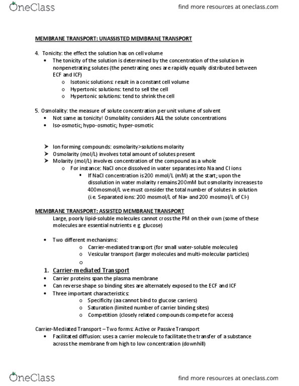 KINE 2011 Lecture Notes - Lecture 1: Membrane Transport Protein, Electrochemical Gradient, Cell Membrane thumbnail