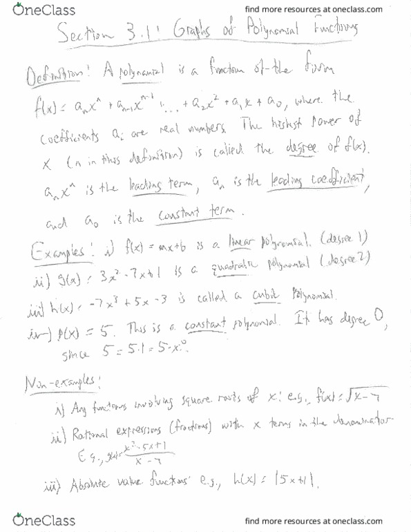 MATH 151 Lecture 7: Section 3.1 - Graphs of Polynomial Functions(1) thumbnail