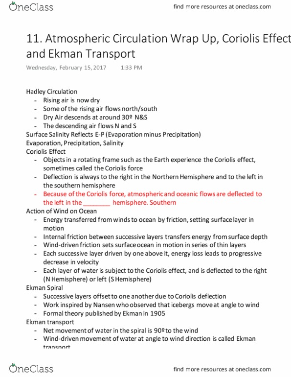 ENVIRON 222 Lecture Notes - Lecture 11: Ekman Spiral, Ekman Transport, Hadley Cell thumbnail