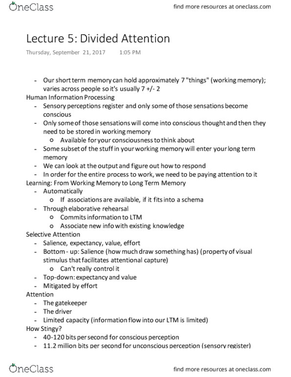SI 110 Lecture Notes - Lecture 5: Continuous Partial Attention, Long-Term Memory, Hard Wired thumbnail