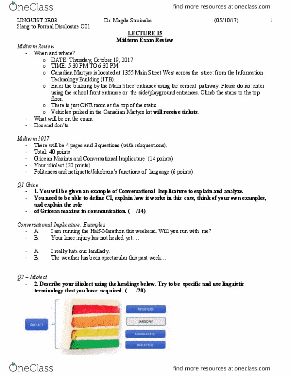 LINGUIST 2E03 Lecture Notes - Lecture 15: Canadian Martyrs, Paul Grice, Implicature thumbnail