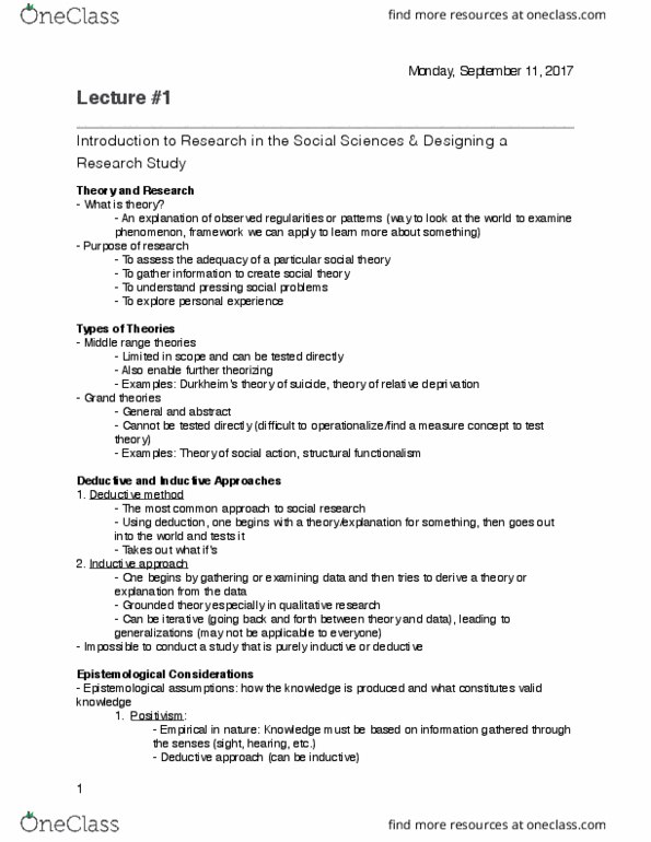 SOCIOL 2Z03 Lecture Notes - Lecture 1: Grounded Theory, Structural Functionalism, Verstehen thumbnail