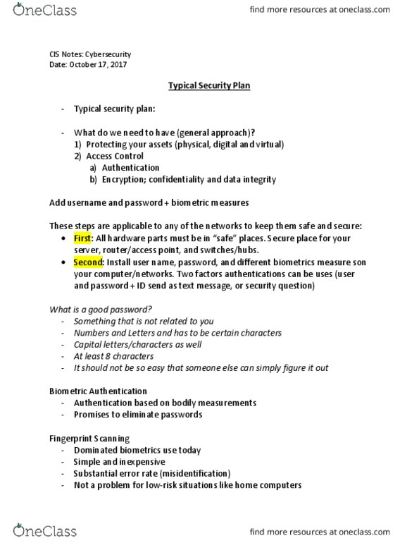 CIS 1332 Lecture Notes - Lecture 10: Security Question, Data Integrity, Facial Recognition System thumbnail