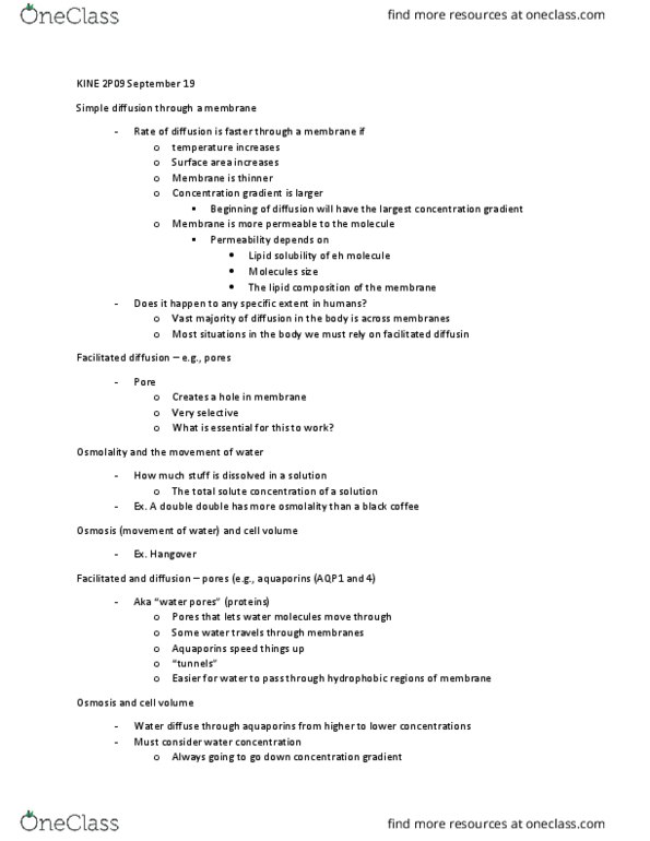 KINE 2P09 Lecture Notes - Lecture 7: Facilitated Diffusion, Aquaporin 1, Molality thumbnail