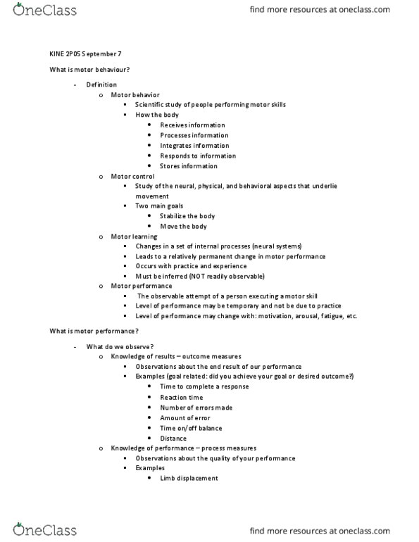 KINE 2P09 Lecture Notes - Lecture 1: Butterfly Stroke, Motor Skill, Motor Learning thumbnail