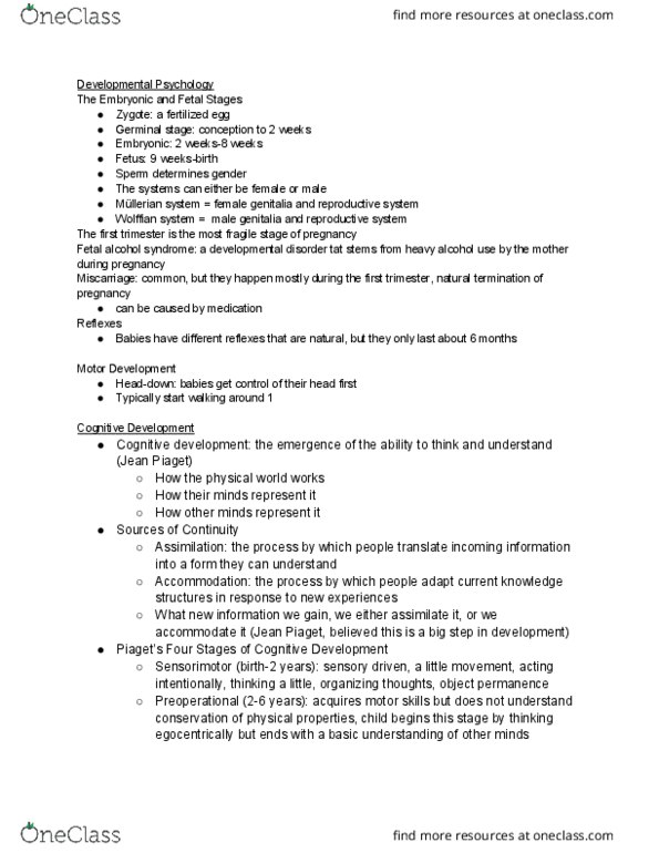 PSY 0010 Lecture Notes - Lecture 11: Fetal Alcohol Spectrum Disorder, Lev Vygotsky, Jean Piaget thumbnail