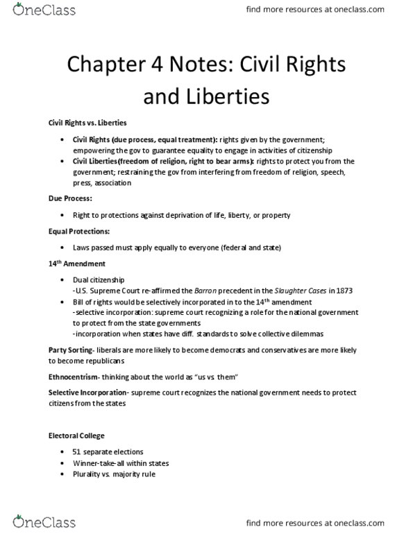 POLSCI 111 Chapter Notes - Chapter 4: Incorporation Of The Bill Of Rights, Slaughter-House Cases, Mccarthyism thumbnail