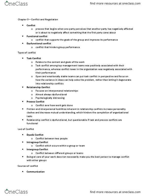 ADMS 2400 Chapter Notes - Chapter 9: Interpersonal Relationship, Problem Solving, The Negotiation thumbnail