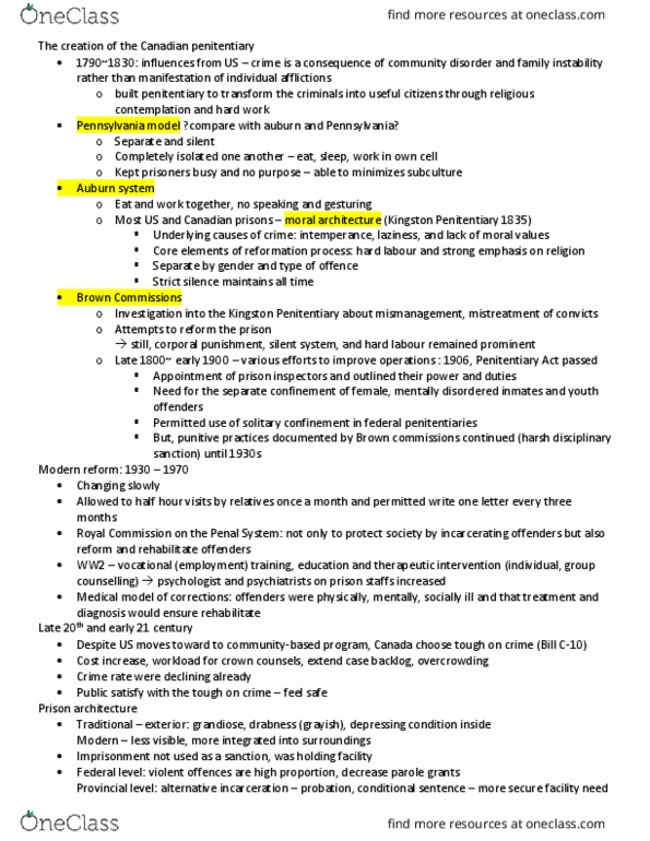 CRIM 241 Lecture Notes - Lecture 2: Kingston Penitentiary, Penitentiary Act, Auburn System thumbnail