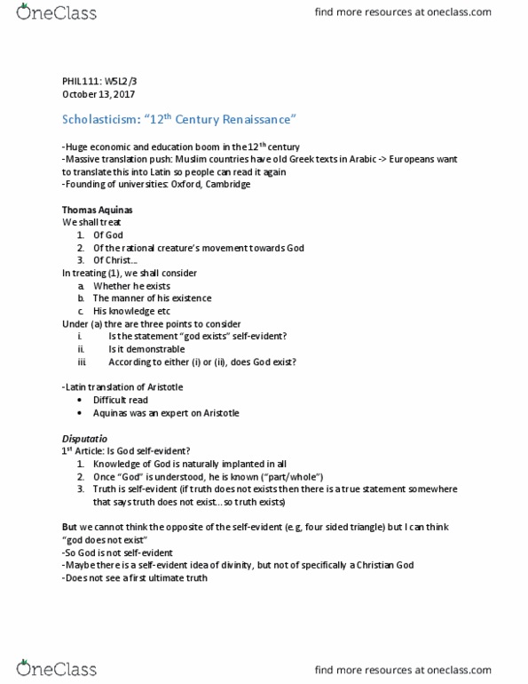 PHIL 111 Lecture Notes - Lecture 14: Scholasticism thumbnail