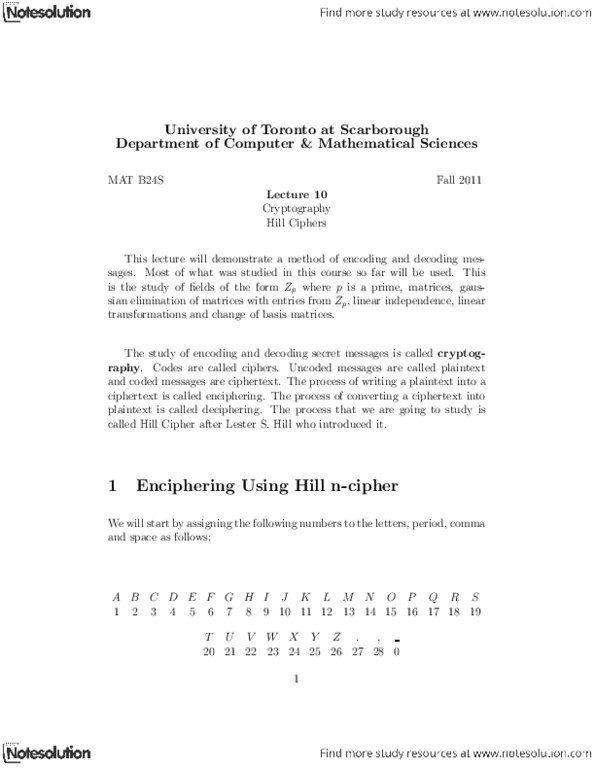 MATB24H3 Lecture Notes - Hill Cipher, Plaintext, Linear Algebra thumbnail