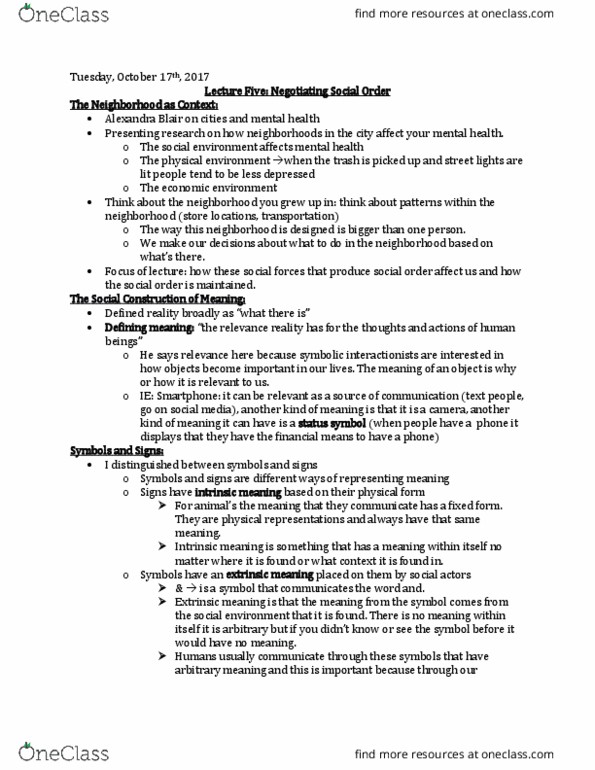 SOCI 2060 Lecture Notes - Lecture 5: Social Order, Symbolic Interactionism, Social Cognition thumbnail