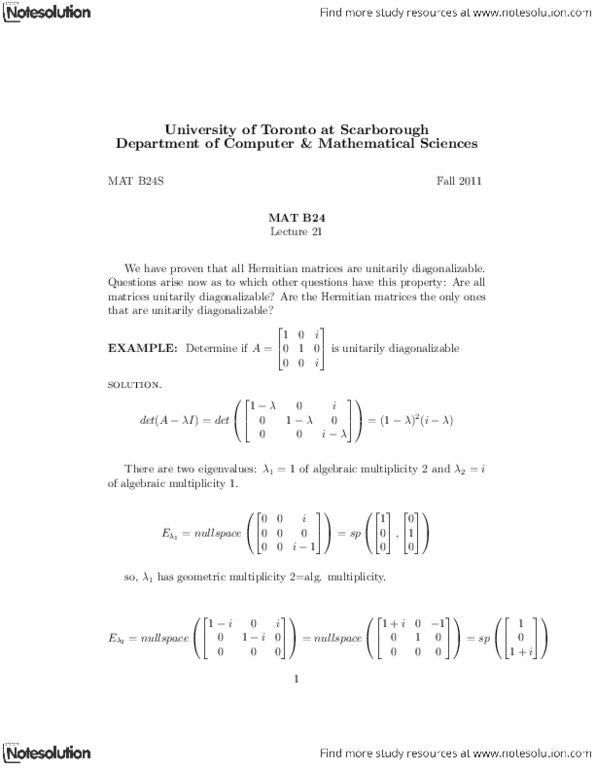 MATB24H3 Lecture Notes - Diagonalizable Matrix, Diagonal Matrix, Unitary Matrix thumbnail