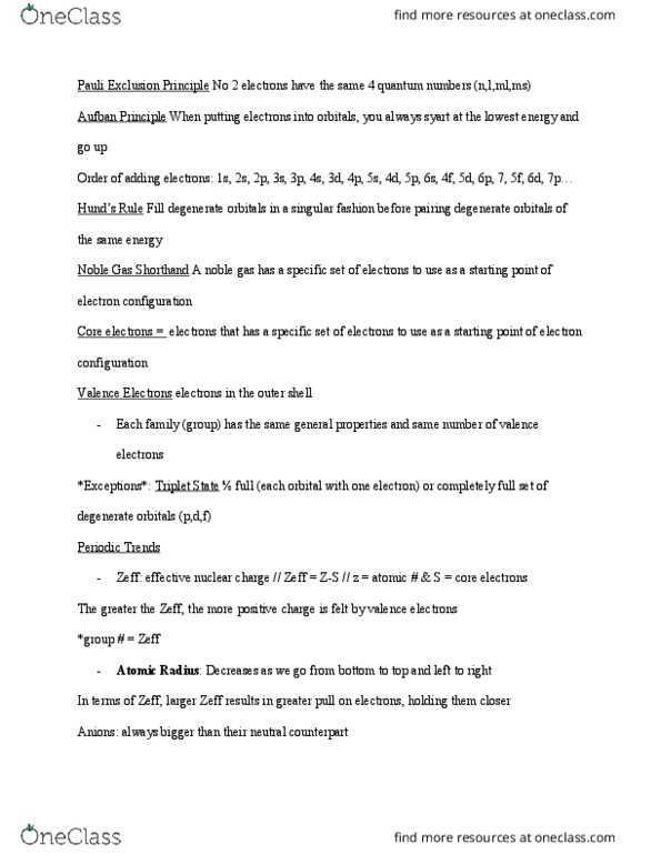 CHEM 031 Lecture Notes - Lecture 4: Electron Configuration, Noble Gas, Effective Nuclear Charge thumbnail