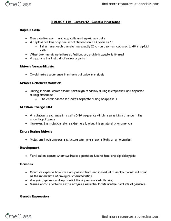 BIOL 100 Lecture Notes - Lecture 12: Mutation Rate, Meiosis, Zygote thumbnail