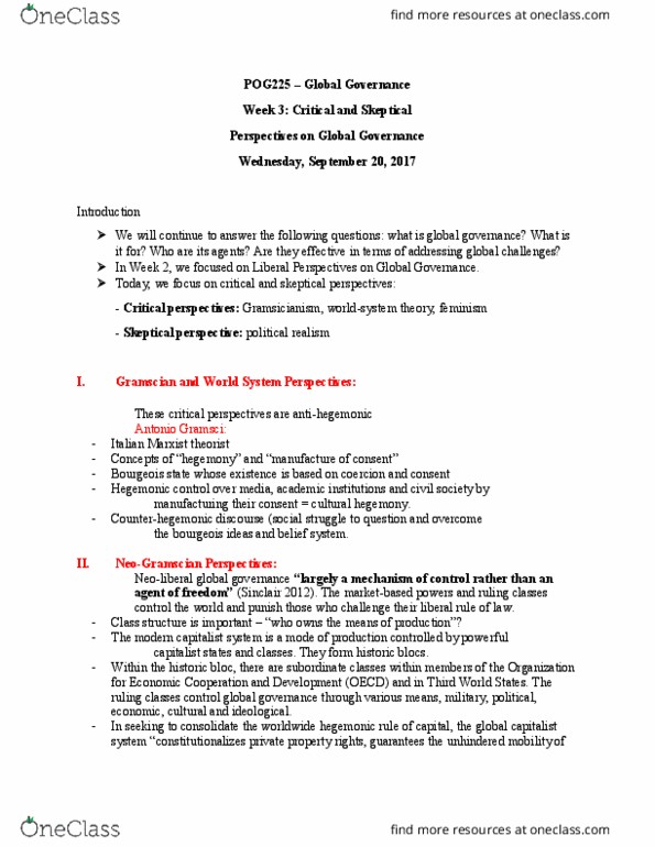 POG 225 Lecture Notes - Lecture 3: Muammar Gaddafi, Giovanni Arrighi, Global Governance thumbnail