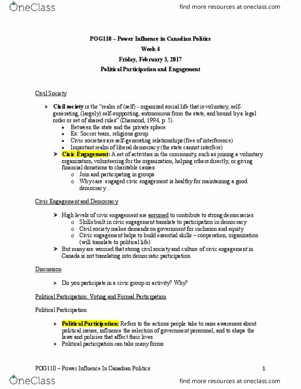 POG 110 Lecture Notes - Lecture 4: Civic Engagement, Wartime Elections Act, Voting Age thumbnail